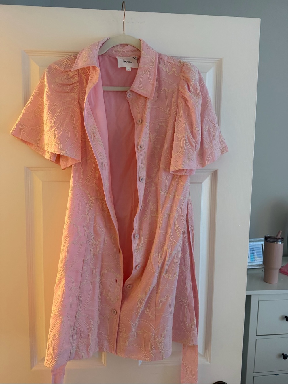 Light Pink Button-Front Mini Dress with Tie Waist - Picture 2 of 3